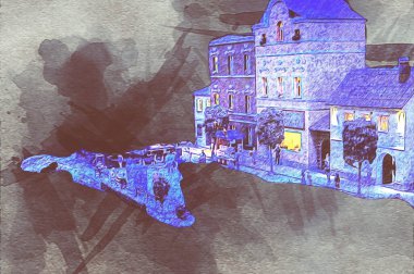 Geceleri, Wroclaw, Polonya 'daki eski moda buhar treni antika, model, minyatür sanat ilüstrasyonu