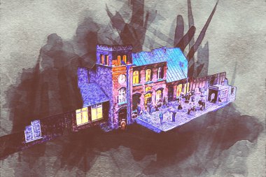 Geceleri, Wroclaw, Polonya 'daki eski moda buhar treni antika, model, minyatür sanat ilüstrasyonu