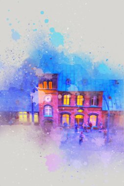 Geceleri, Wroclaw, Polonya 'daki eski moda buhar treni antika, model, minyatür sanat ilüstrasyonu