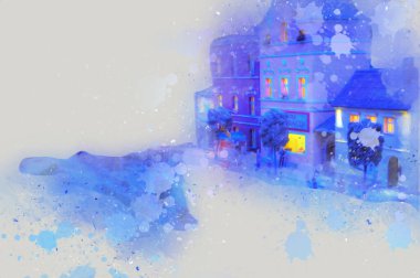 Geceleri, Wroclaw, Polonya 'daki eski moda buhar treni antika, model, minyatür sanat ilüstrasyonu