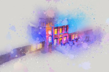 Geceleri, Wroclaw, Polonya 'daki eski moda buhar treni antika, model, minyatür sanat ilüstrasyonu