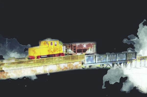 Locomotiva Pequena Vapor Fotografia Enferrujado Vagão Trem Arte Ilustração Puxando — Fotografia de Stock