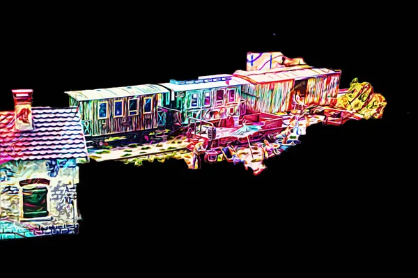 Locomotiva Pequena Vapor Fotografia Enferrujado Vagão Trem Arte Ilustração Puxando — Fotografia de Stock