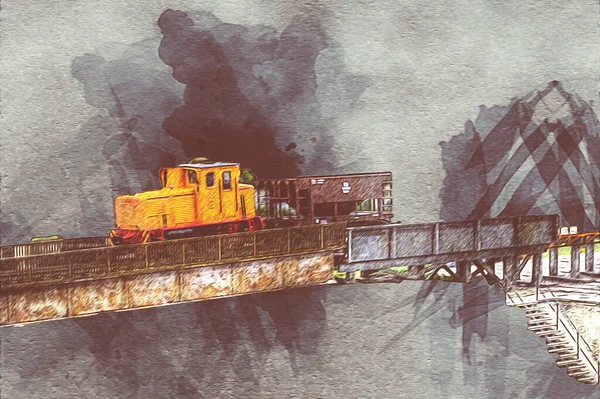 Küçük lokomotif, buhar, fotoğrafçılık, paslı, vagon, tren, sanat, illüstrasyon, çizim, eskiz, antika, retro, vintage, model, minyatür