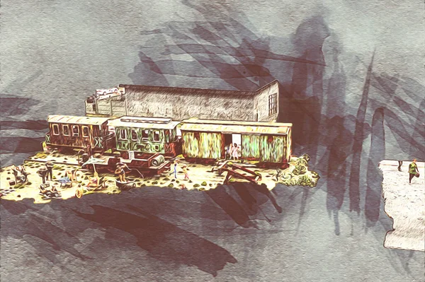 Küçük lokomotif, buhar, fotoğrafçılık, paslı, vagon, tren, sanat, illüstrasyon, çizim, eskiz, antika, retro, vintage, model, minyatür