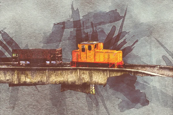 Petite Locomotive Vapeur Photographie Rouillé Wagon Train Art Illustration Dessin — Photo