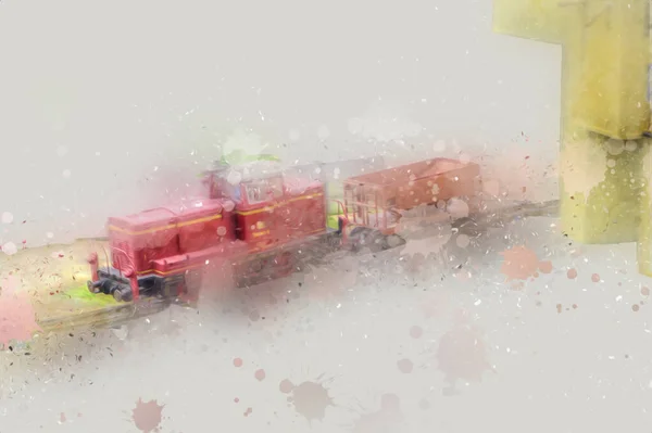 Pequeña Locomotora Vapor Fotografía Oxidado Vagón Tren Arte Ilustración Dibujo — Foto de Stock