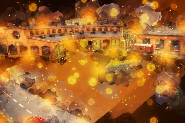 İstasyonda eski bir buhar treni, Wroclaw, Polonya, sanat ilüstrasyonu antika, model, minyatür