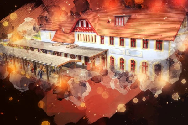 İstasyonda eski bir buhar treni, Wroclaw, Polonya, sanat ilüstrasyonu antika, model, minyatür