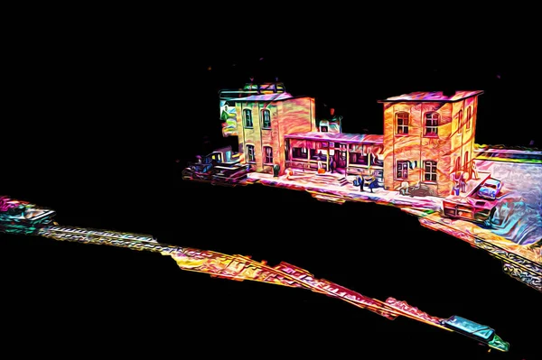 İstasyonda eski bir buhar treni, Wroclaw, Polonya, sanat ilüstrasyonu antika, model, minyatür