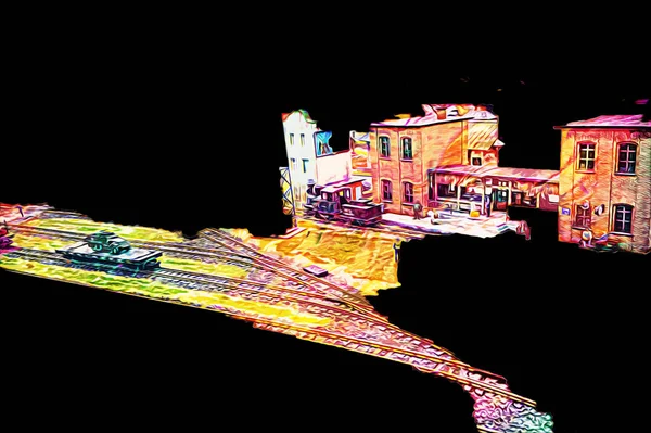 İstasyonda eski bir buhar treni, Wroclaw, Polonya, sanat ilüstrasyonu antika, model, minyatür