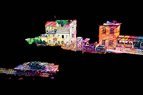 İstasyonda eski bir buhar treni, Wroclaw, Polonya, sanat ilüstrasyonu antika, model, minyatür