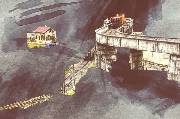 İstasyonda eski bir buhar treni, Wroclaw, Polonya, sanat ilüstrasyonu antika, model, minyatür