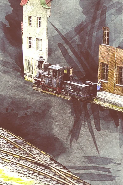 İstasyonda eski bir buhar treni, Wroclaw, Polonya, sanat ilüstrasyonu antika, model, minyatür