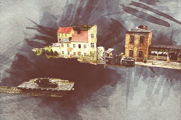 İstasyonda eski bir buhar treni, Wroclaw, Polonya, sanat ilüstrasyonu antika, model, minyatür