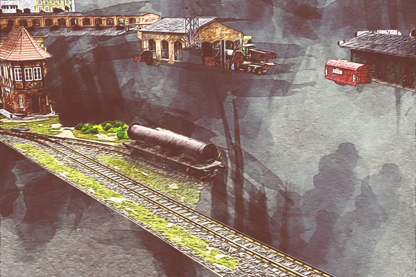 İstasyonda eski bir buhar treni, Wroclaw, Polonya, sanat ilüstrasyonu antika, model, minyatür