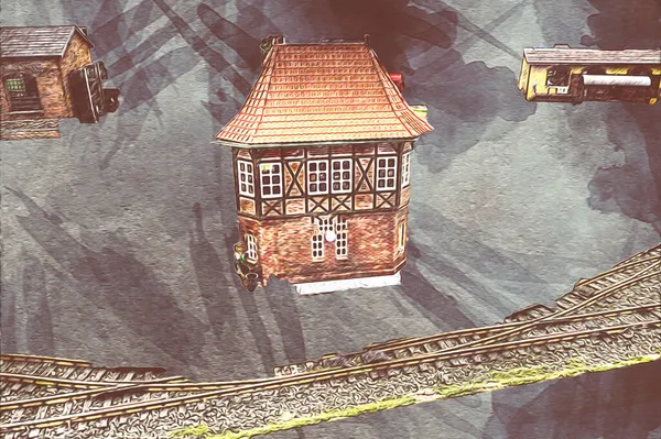 İstasyonda eski bir buhar treni, Wroclaw, Polonya, sanat ilüstrasyonu antika, model, minyatür