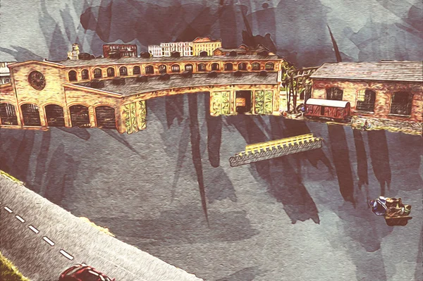 İstasyonda eski bir buhar treni, Wroclaw, Polonya, sanat ilüstrasyonu antika, model, minyatür