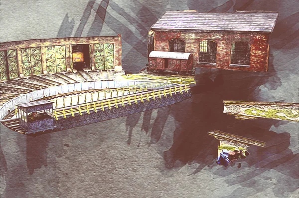 İstasyonda eski bir buhar treni, Wroclaw, Polonya, sanat ilüstrasyonu antika, model, minyatür