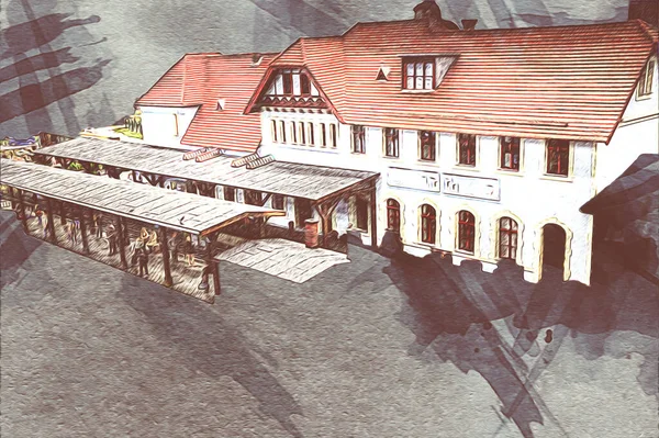 İstasyonda eski bir buhar treni, Wroclaw, Polonya, sanat ilüstrasyonu antika, model, minyatür