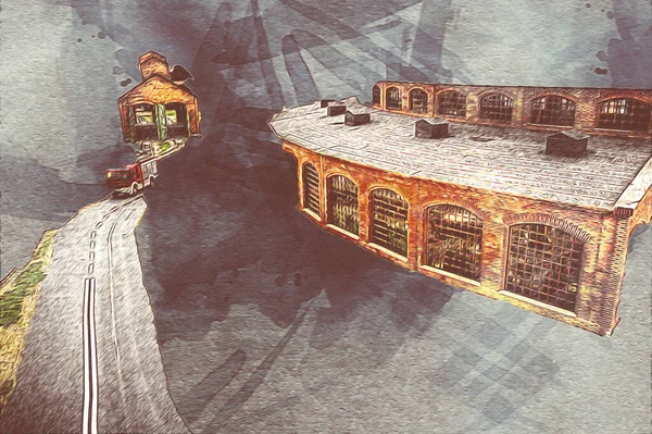 İstasyonda eski bir buhar treni, Wroclaw, Polonya, sanat ilüstrasyonu antika, model, minyatür