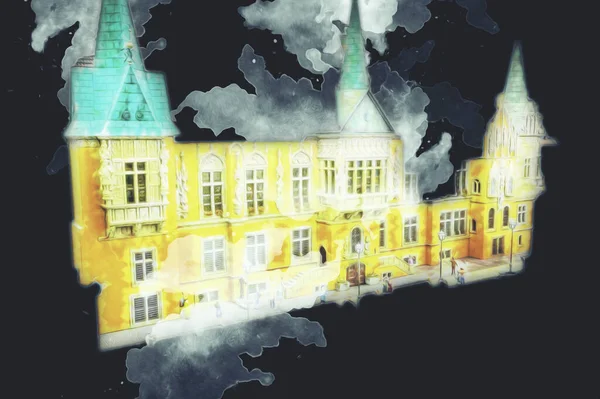 Wroclaw, Polonya 'daki belediye binası, sanat ilüstrasyonu antika, model, minyatür