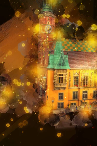 Wroclaw, Polonya 'daki belediye binası, sanat ilüstrasyonu antika, model, minyatür