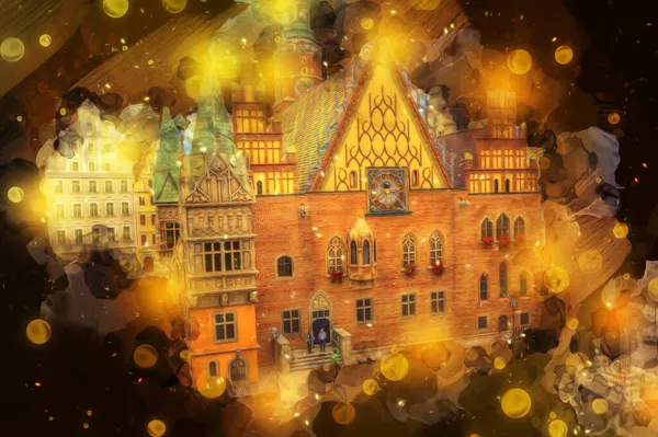 Wroclaw, Polonya 'daki belediye binası, sanat ilüstrasyonu antika, model, minyatür