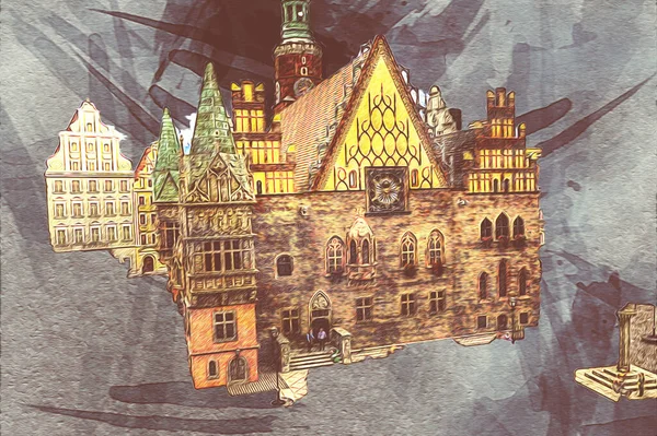 City Town Hall Wroclaw Poland Art Ilustration Vintage Retro Antique — Stock Photo, Image