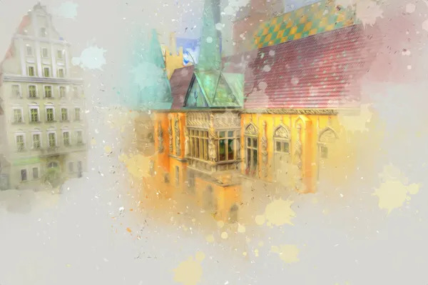 Wroclaw, Polonya 'daki belediye binası, sanat ilüstrasyonu antika, model, minyatür