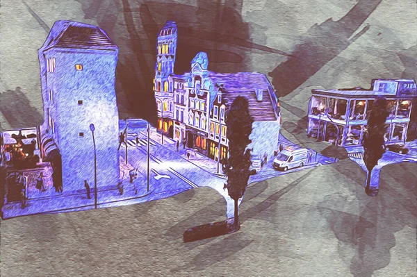 Wroclaw, Polonya 'da gece vakti sanat ilüstrasyonu antika, model, minyatür