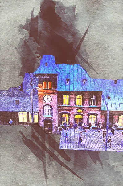 Geceleri, Wroclaw, Polonya 'daki eski moda buhar treni antika, model, minyatür sanat ilüstrasyonu