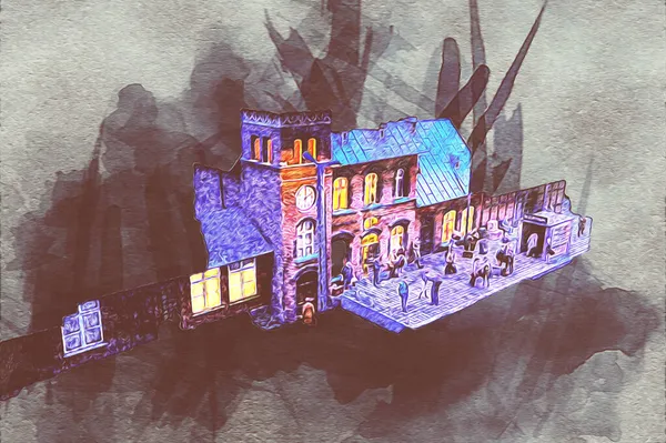 Geceleri, Wroclaw, Polonya 'daki eski moda buhar treni antika, model, minyatür sanat ilüstrasyonu