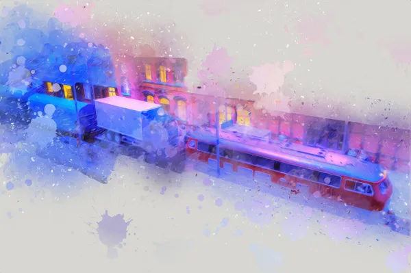 Geceleri, Wroclaw, Polonya 'daki eski moda buhar treni antika, model, minyatür sanat ilüstrasyonu