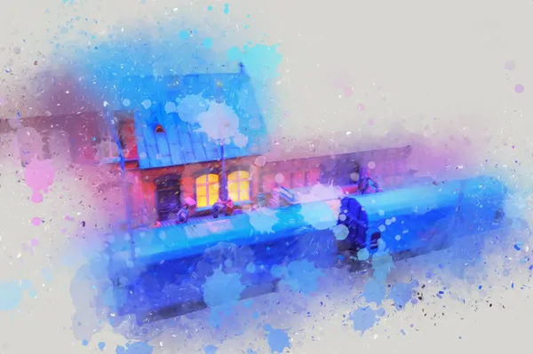 Geceleri, Wroclaw, Polonya 'daki eski moda buhar treni antika, model, minyatür sanat ilüstrasyonu