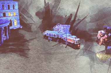 Wroclaw, Polonya 'da tramvay, sanat ilüstrasyonu antika, model, minyatür