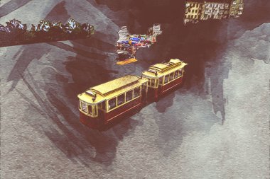 Wroclaw, Polonya 'da tramvay, sanat ilüstrasyonu antika, model, minyatür