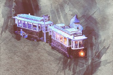 Wroclaw, Polonya 'da tramvay, sanat ilüstrasyonu antika, model, minyatür