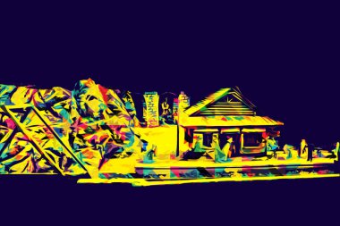 Elektrik turist treni, tünel ve cilalama köyü arka planda, Polonya, sanat ilüstrasyonu antika, model, minyatür