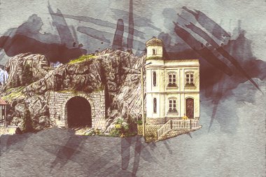 Elektrik turist treni, tünel ve cilalama köyü arka planda, Polonya, sanat ilüstrasyonu antika, model, minyatür