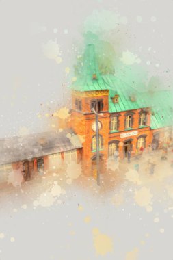 Elektrik turist treni, tünel ve cilalama köyü arka planda, Polonya, sanat ilüstrasyonu antika, model, minyatür