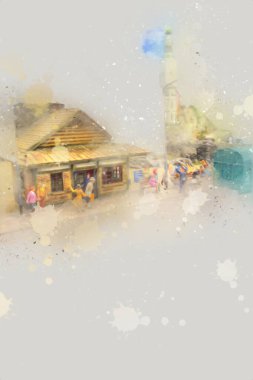 Elektrik turist treni, tünel ve cilalama köyü arka planda, Polonya, sanat ilüstrasyonu antika, model, minyatür