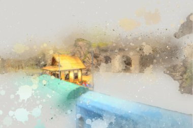 Elektrik turist treni, tünel ve cilalama köyü arka planda, Polonya, sanat ilüstrasyonu antika, model, minyatür