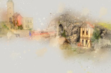 Elektrik turist treni, tünel ve cilalama köyü arka planda, Polonya, sanat ilüstrasyonu antika, model, minyatür