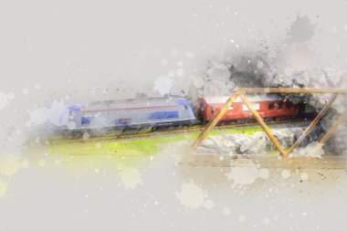 Elektrik turist treni, tünel ve cilalama köyü arka planda, Polonya, sanat ilüstrasyonu antika, model, minyatür