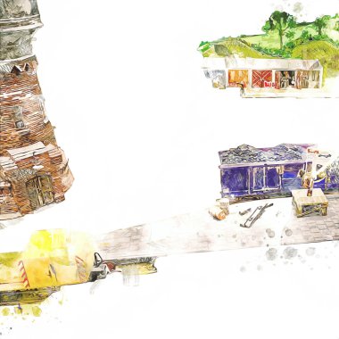 Demiryolu vinci, fotoğrafçılık, paslı, vagon, tren, sanat, illüstrasyon, çizim, eskiz, antika, retro, vintage.