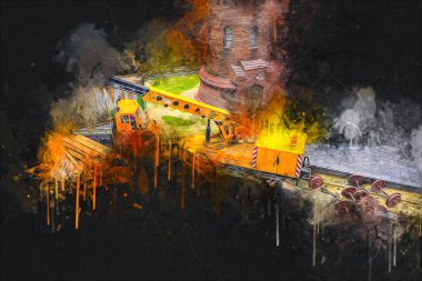 Demiryolu vinci, fotoğrafçılık, paslı, vagon, tren, sanat, illüstrasyon, çizim, eskiz, antika, retro, vintage.