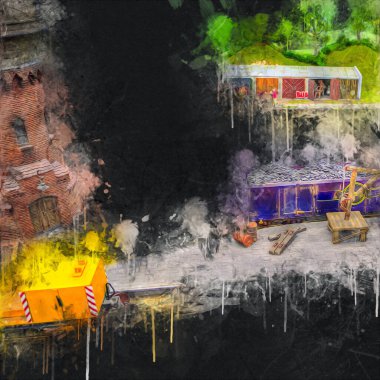 Demiryolu vinci, fotoğrafçılık, paslı, vagon, tren, sanat, illüstrasyon, çizim, eskiz, antika, retro, vintage.