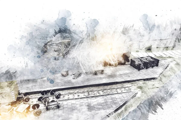 Vasúti Daru Fotózás Rozsdás Kocsi Vonat Művészet Illusztráció Rajz Vázlat — Stock Fotó