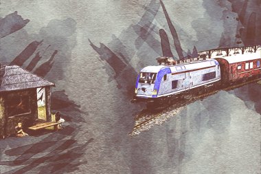 Avrupa 'daki tren istasyonunda yüksek hızlı tren. Demiryolu platformunda modern şehirlerarası tren. Demiryolu ve binaların üzerinde güzel bir yolcu treni olan şehir manzarası